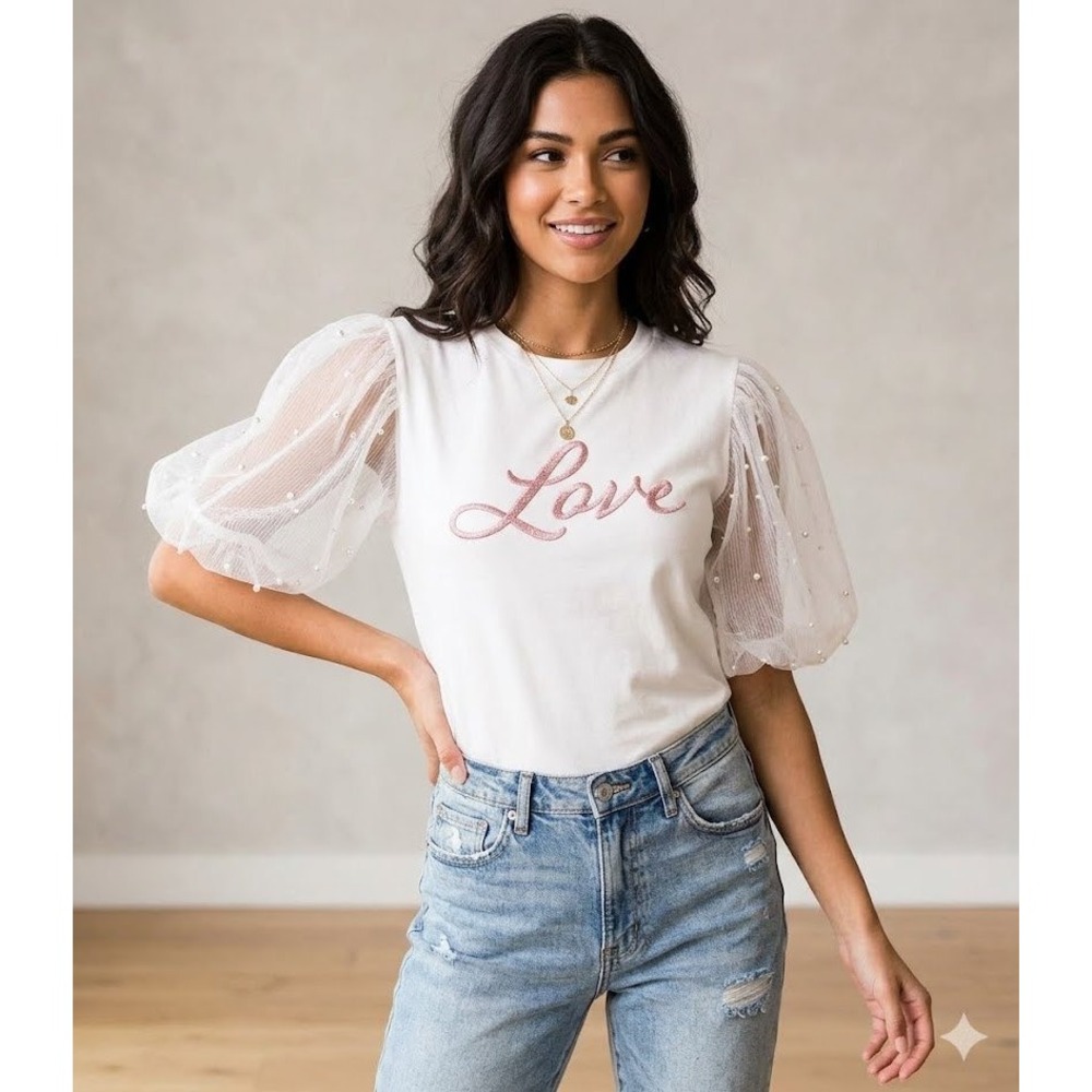 On Twelfth White Love Embroidered Top Pearl Mesh Puff Sleeve Knit Blouse Womens